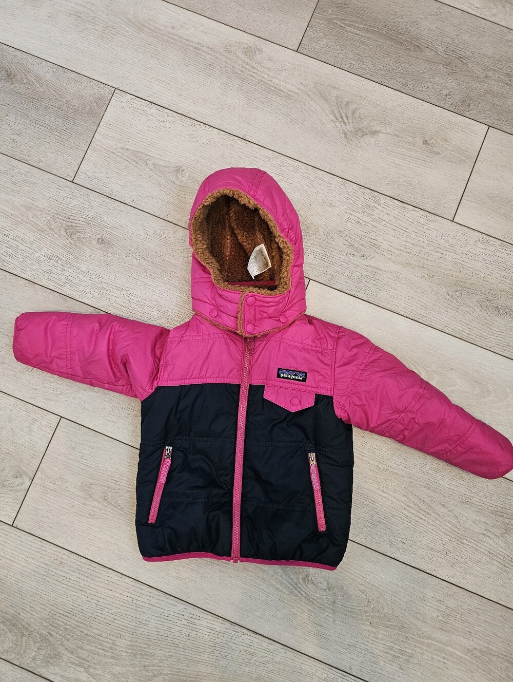 Patagonia Kids Pink and Black Hooded Puffer Jacket